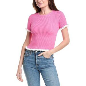 ENGLISH FACTORY Women's Ruffle Detailed Knit Top Size S In Pink/White